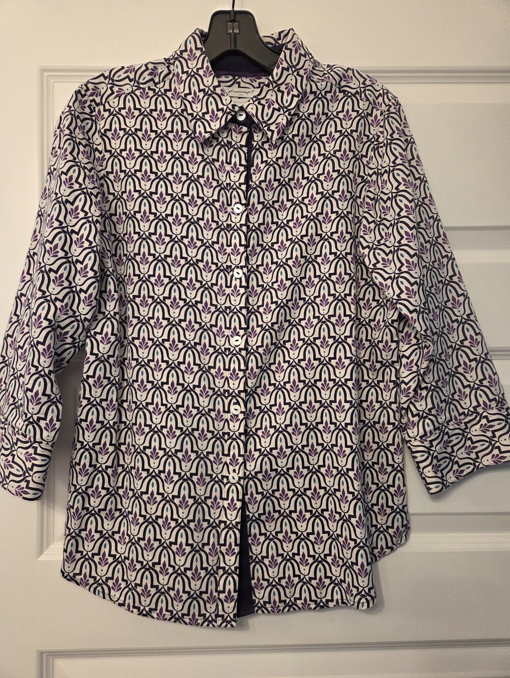 Foxcroft Geometric Print Button-Up Shirt in White & Purple And Black